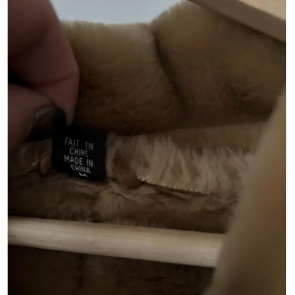 1990s Suede & Faux Fur Bomber Coat | Vintage Tan Aviator Jacket - Picture 6 of 8